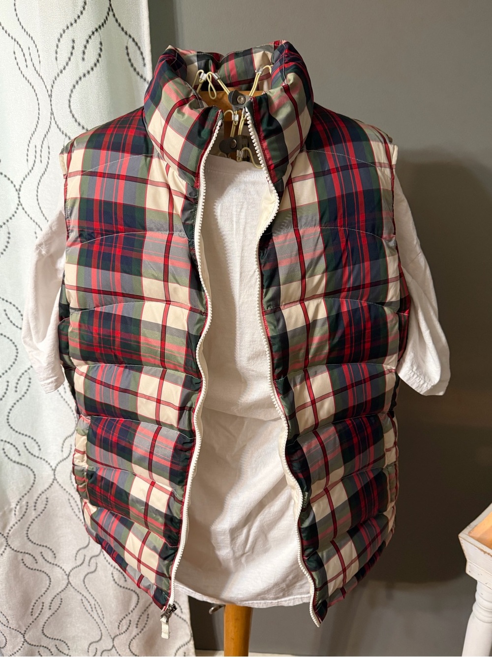 Lands' End Red, Cream & Green Plaid Quilted Puffer Vest